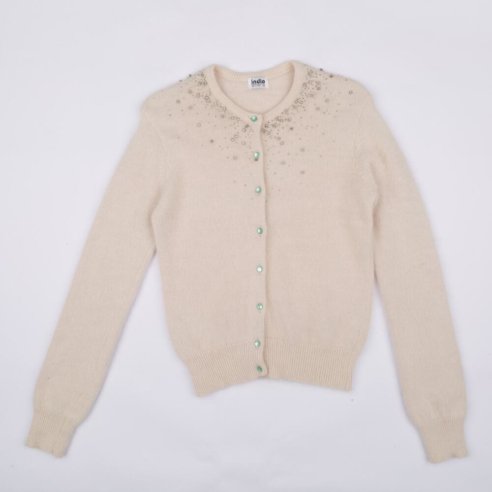 Vintage Indio Rhinestone Beaded Cardigan Sweater Cream Mint Buttons Size M